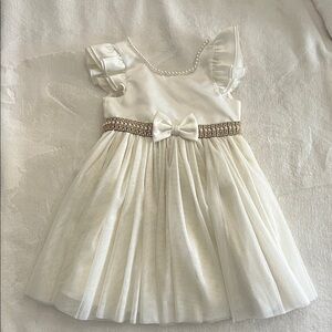 Toddler Elegant White Dress with Bow/Sequin Detail